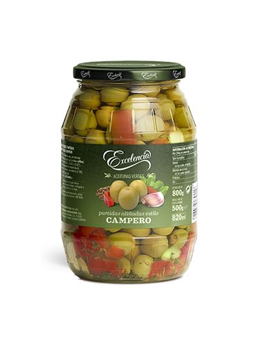 [ENT-8410971034416] Aceitunas Verdes Partidas Aliñadas ESTILO CAMPERO 800ml. · caja 6 uds