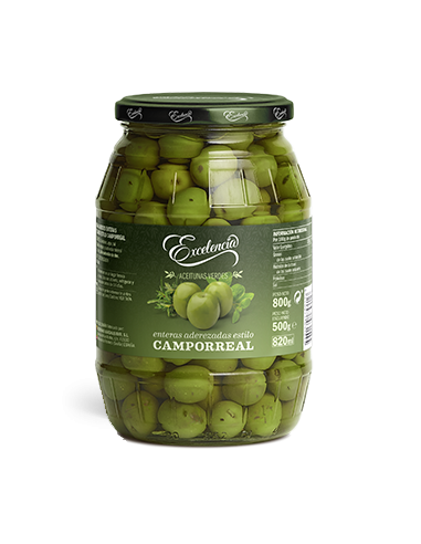 [ENT-8410971031545] Aceitunas Verdes Enteras Aliñadas ESTILO CAMPORREAL 800ml. · caja 6 uds